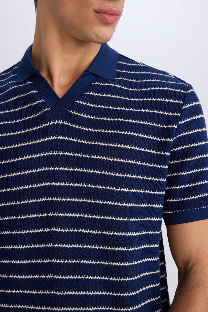 Erkek Lacivert Regular Fit Polo Yaka Çizgili Triko Kısa Kollu Tişört
