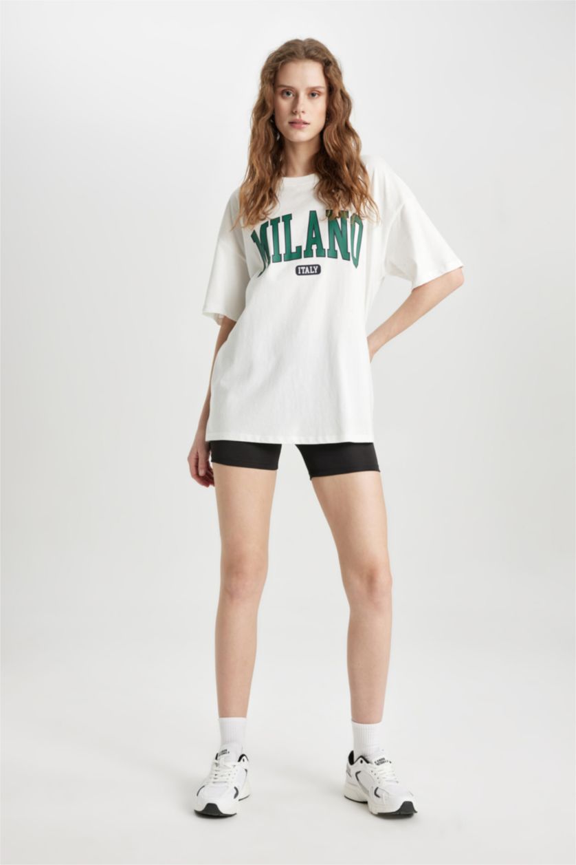 WOMAN Ecru Oversize Fit Crew Neck Printed Short Sleeve T-Shirt