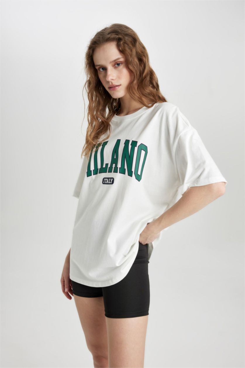 WOMAN Ecru Oversize Fit Crew Neck Printed Short Sleeve T-Shirt