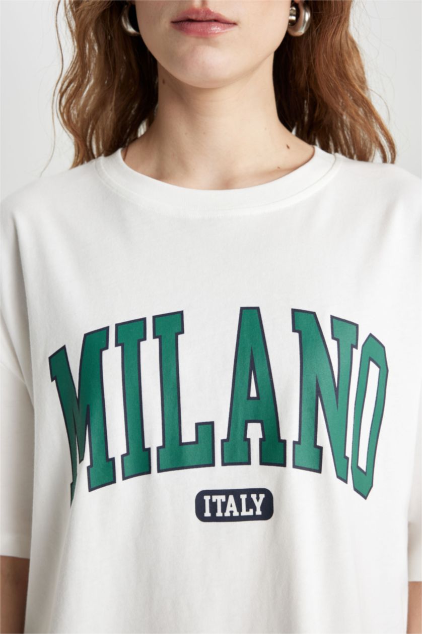 WOMAN Ecru Oversize Fit Crew Neck Printed Short Sleeve T-Shirt