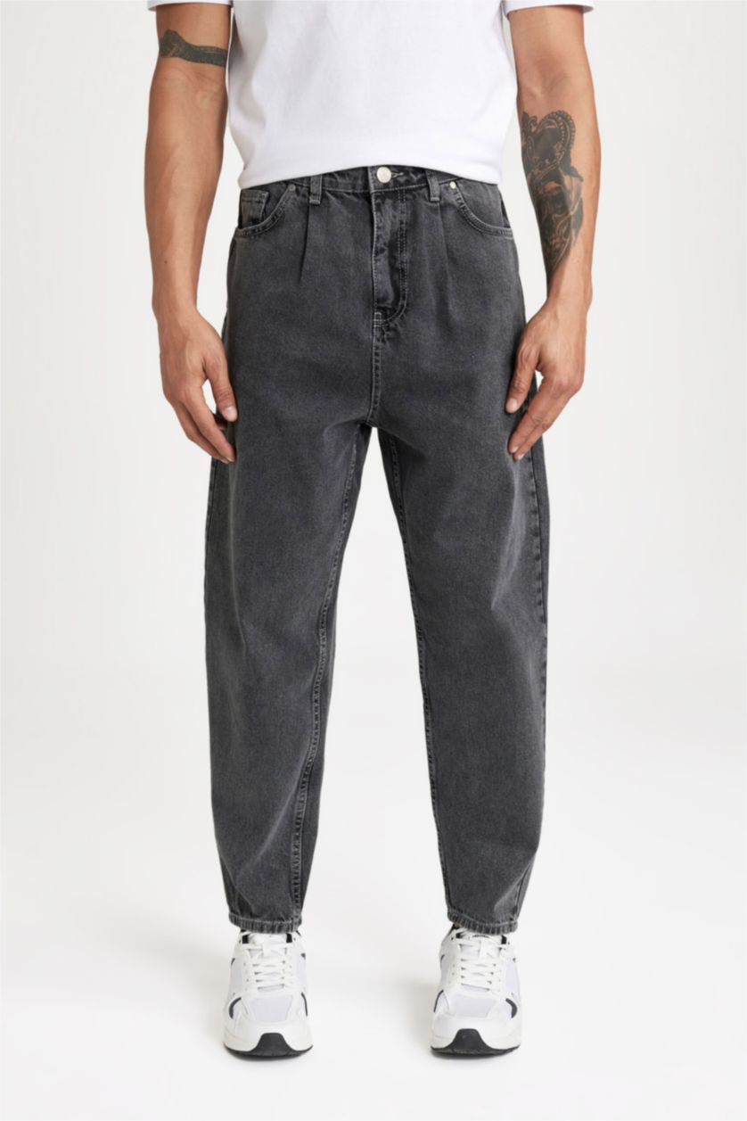 HOMME Anthracite Pantalon Jean Coupe Ballon à Jambe Régulière et Taille Haute