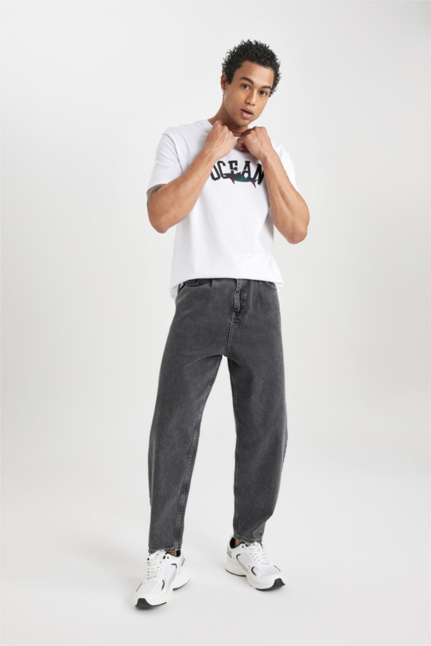 HOMME Anthracite Pantalon Jean Coupe Ballon à Jambe Régulière et Taille Haute