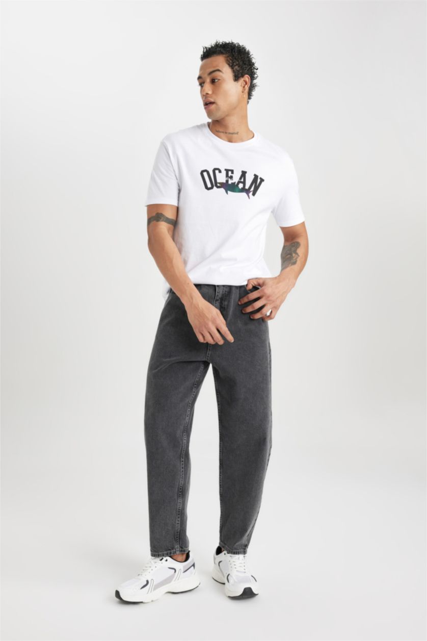 HOMME Anthracite Pantalon Jean Coupe Ballon à Jambe Régulière et Taille Haute