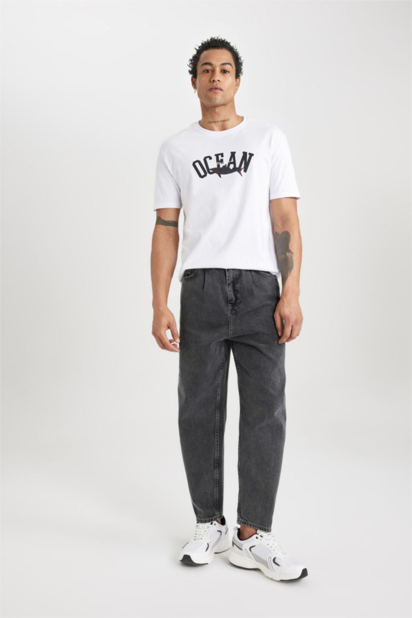 HOMME Anthracite Pantalon Jean Coupe Ballon à Jambe Régulière et Taille Haute