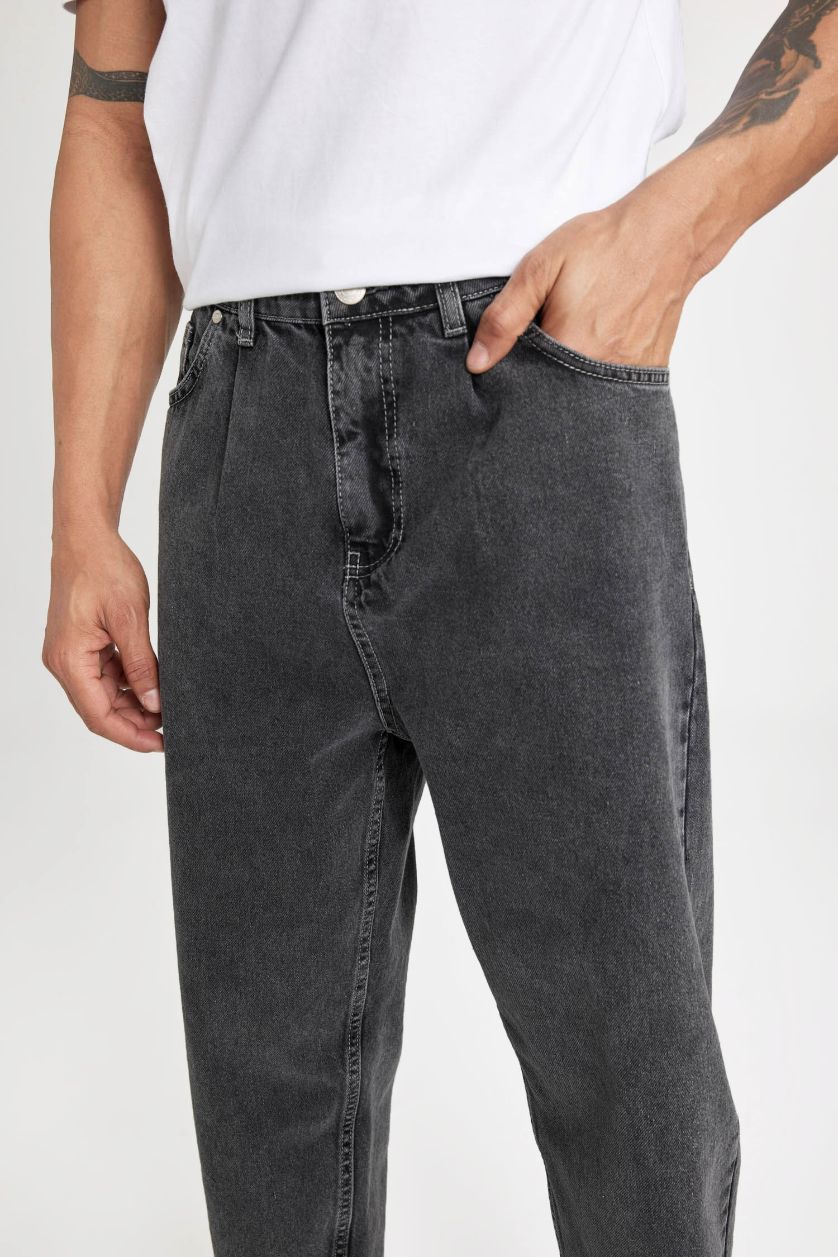 HOMME Anthracite Pantalon Jean Coupe Ballon à Jambe Régulière et Taille Haute
