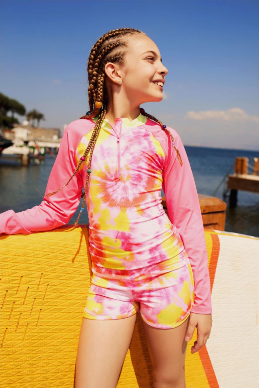 Kız Çocuk - Genç Kız Pembe Kız Çocuk 2'li Takım Batik Desenli Uzun Kollu Üst Deniz Şortu