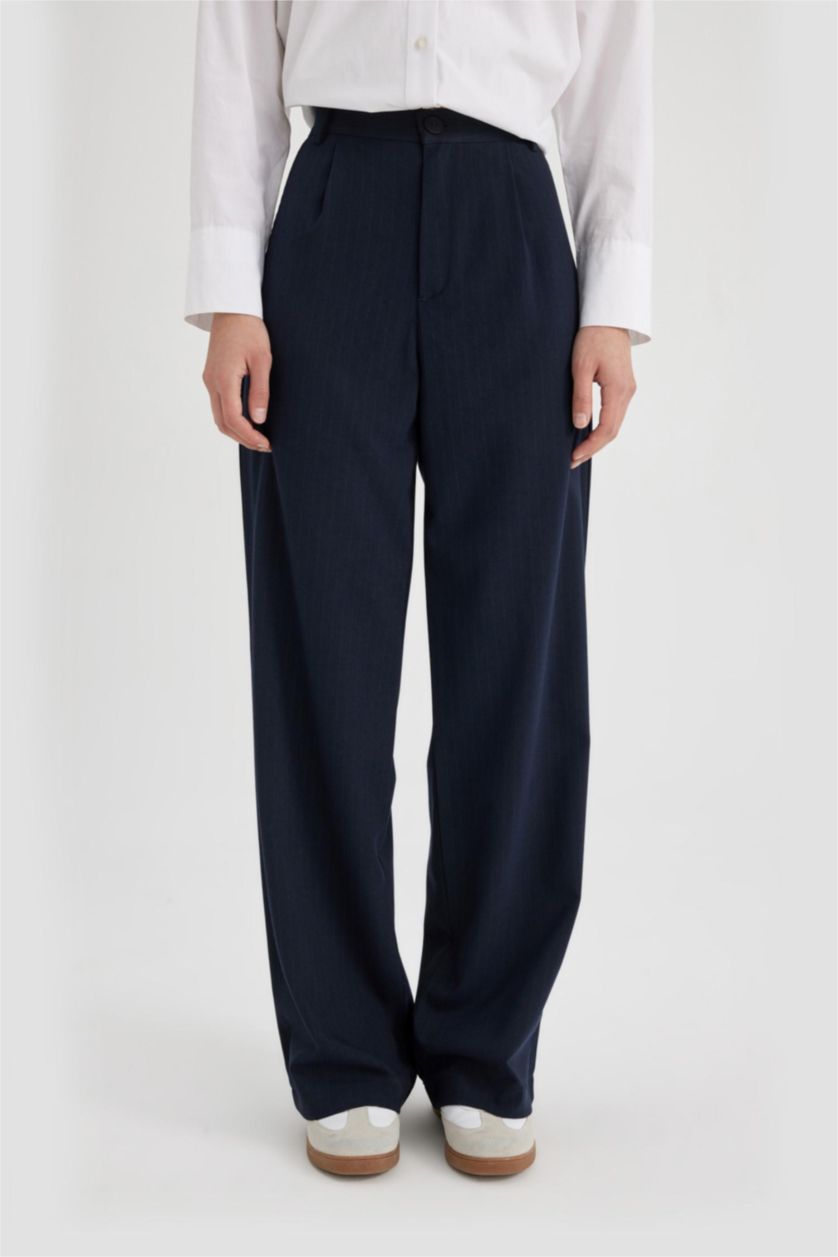 Kadın Lacivert Wide Leg Cepli Pensli Basıc Klasik Palazzo Pantolon