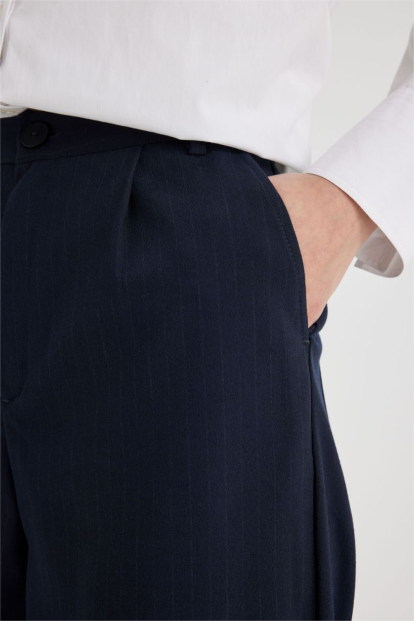 Kadın Lacivert Wide Leg Cepli Pensli Basıc Klasik Palazzo Pantolon