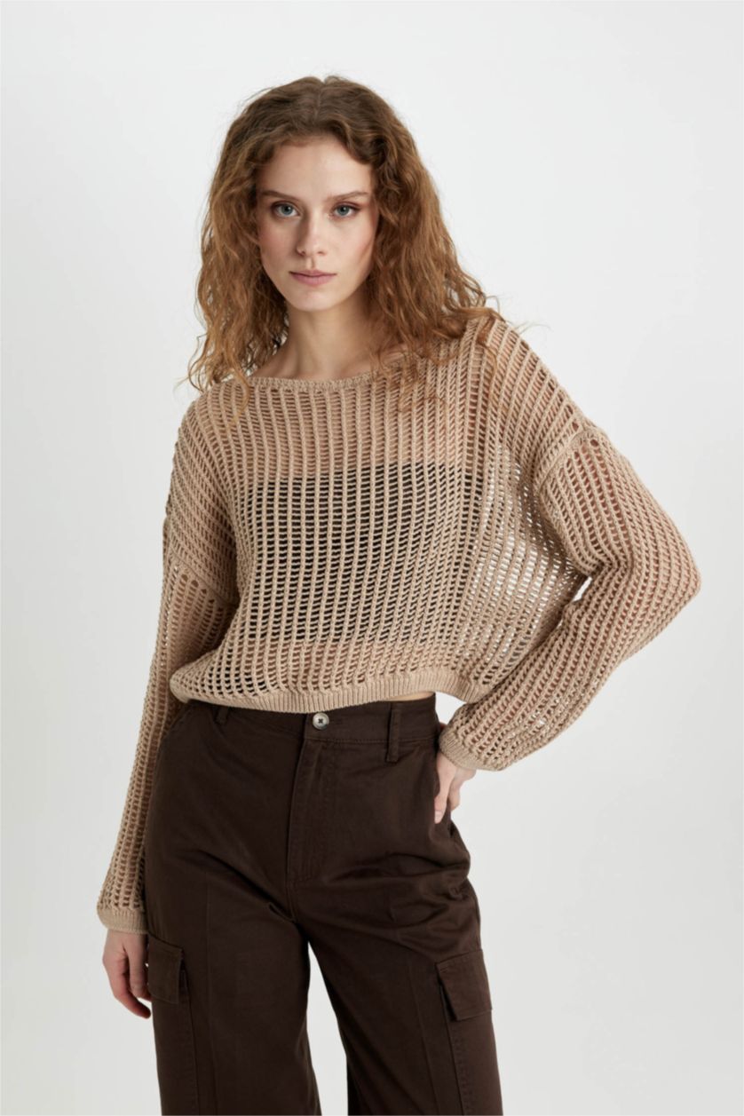 FEMME Beige Pull en crochet à col bateau Coupe décontractée
