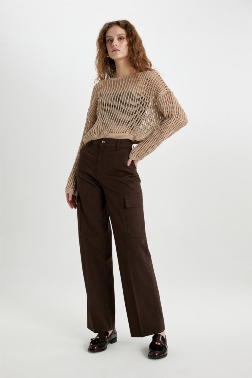 FEMME Beige Pull en crochet à col bateau Coupe décontractée