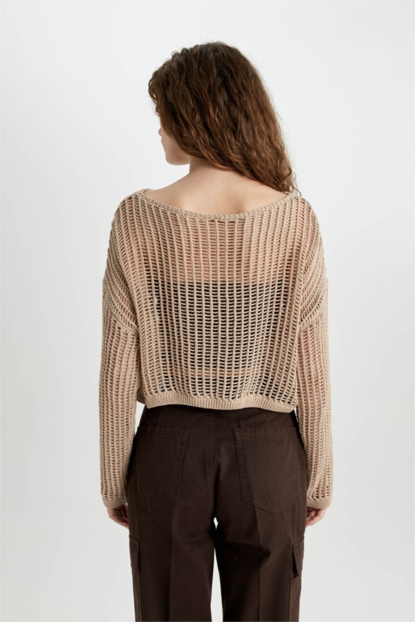 FEMME Beige Pull en crochet à col bateau Coupe décontractée