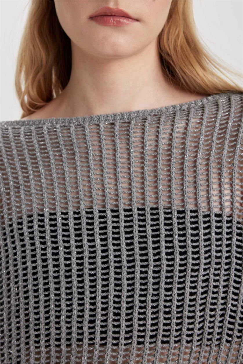 Әйелдерге Ашық сұр релакс пішімі қайық тәріздес жаға Пулловер