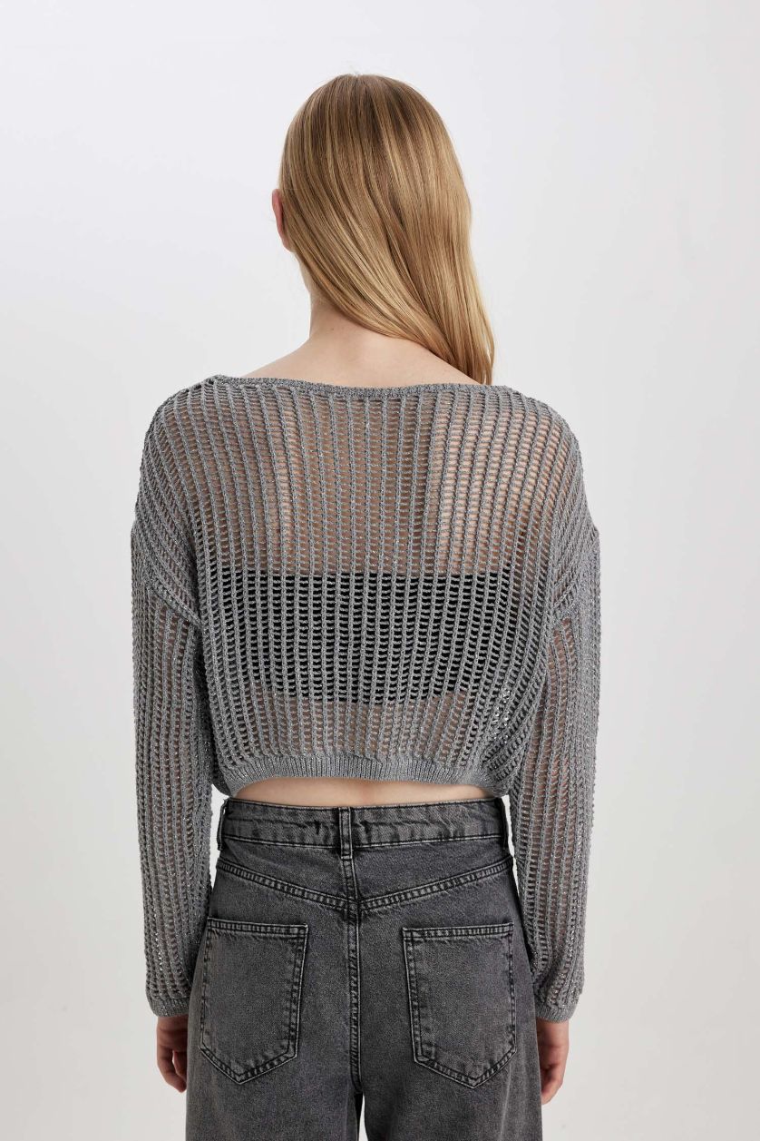 Әйелдерге Ашық сұр релакс пішімі қайық тәріздес жаға Пулловер