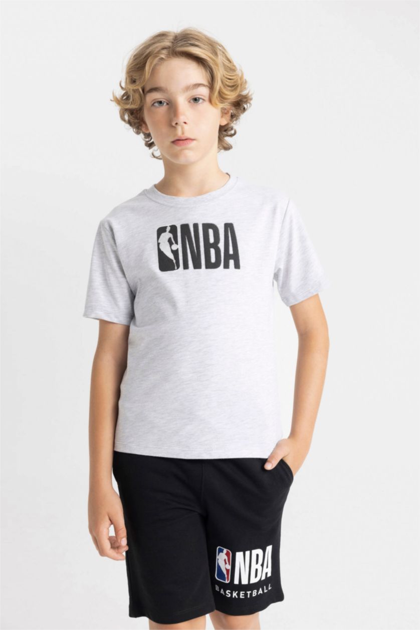 Erkek Çocuk - Genç Erkek Optik Gri Melanj NBA Wordmark Bisiklet Yaka Kısa Kollu Tişört Erkek Çocuk