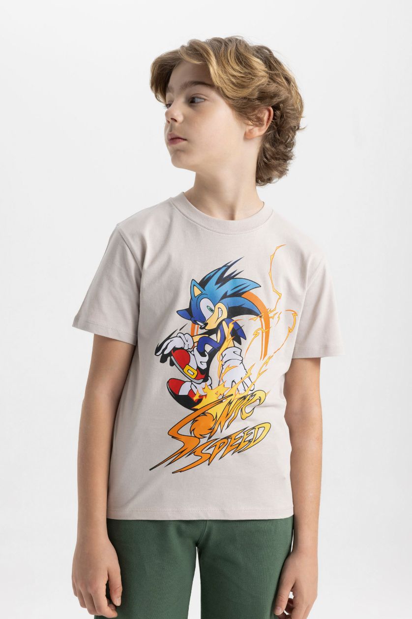 Erkek Çocuk - Genç Erkek Bej Sonic the Hedgehog Bisiklet Yaka Kısa Kollu Tişört Erkek Çocuk