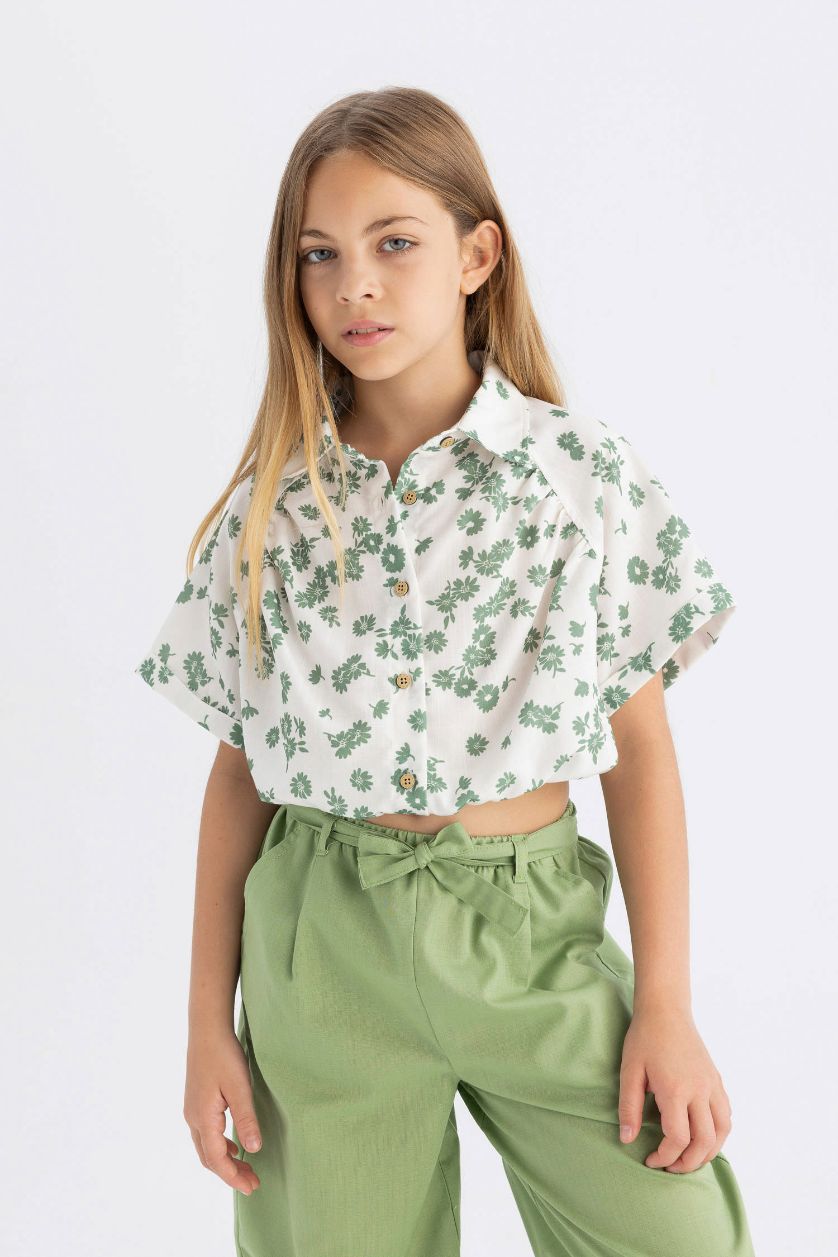 Kız Çocuk - Genç Kız Açık Yeşil Crop Pamuklu Çiçekli Kısa Kollu Gömlek Kız Çocuk