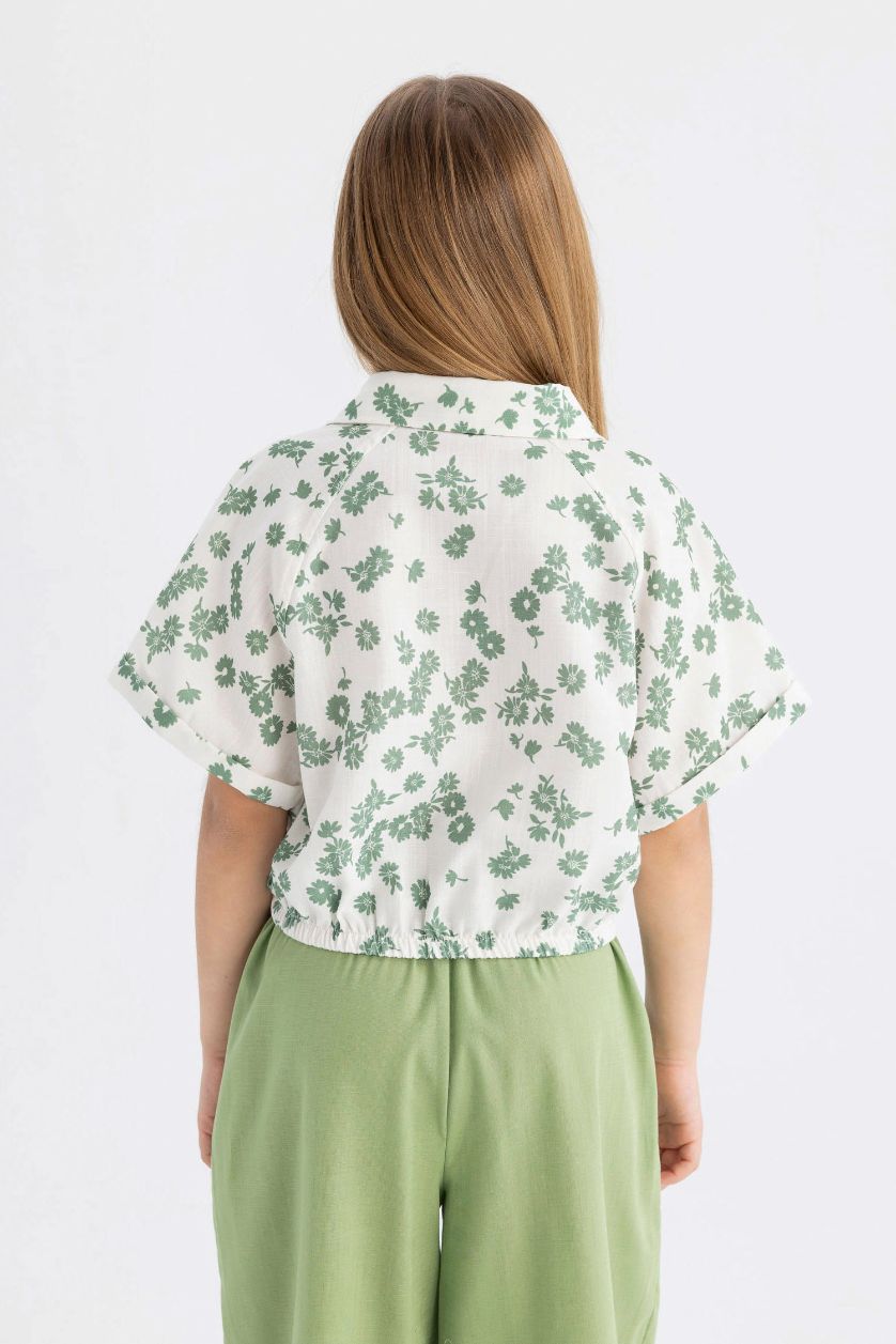 Kız Çocuk - Genç Kız Açık Yeşil Crop Pamuklu Çiçekli Kısa Kollu Gömlek Kız Çocuk