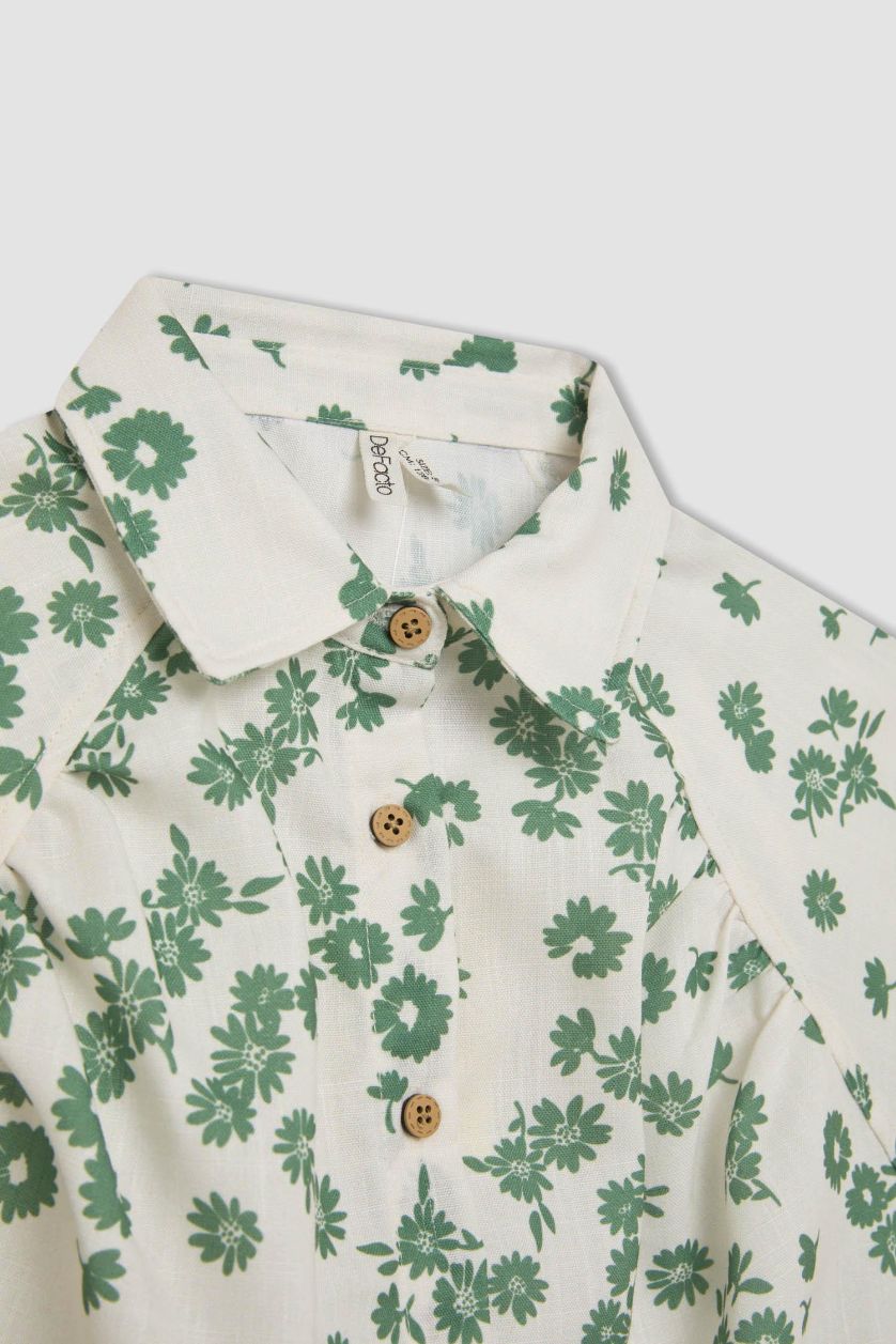 Kız Çocuk - Genç Kız Açık Yeşil Crop Pamuklu Çiçekli Kısa Kollu Gömlek Kız Çocuk