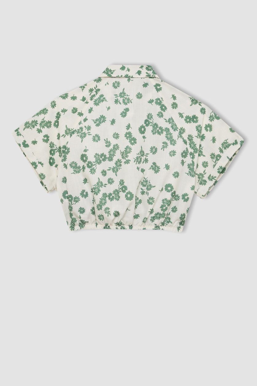 Kız Çocuk - Genç Kız Açık Yeşil Crop Pamuklu Çiçekli Kısa Kollu Gömlek Kız Çocuk