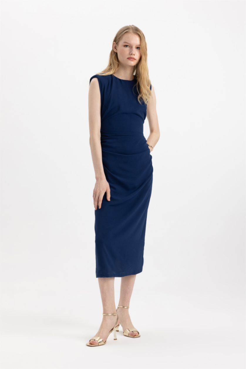 WOMAN NAVY Bodycon Round Collar aerobics Sleeveless Midi Dress