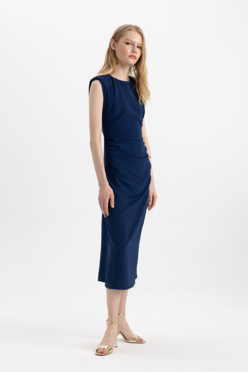 WOMAN NAVY Bodycon Round Collar aerobics Sleeveless Midi Dress