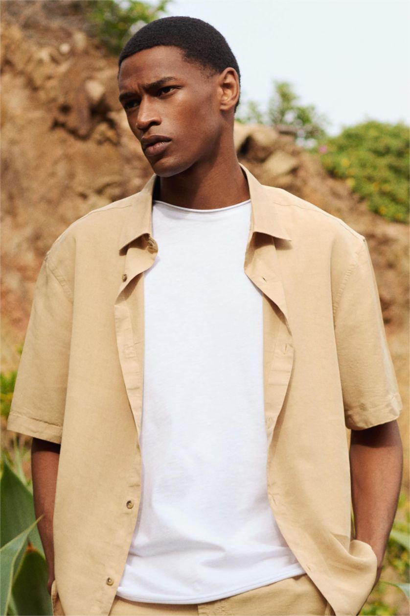 MAN Beige Regular Fit Tencel Short Sleeve Shirt