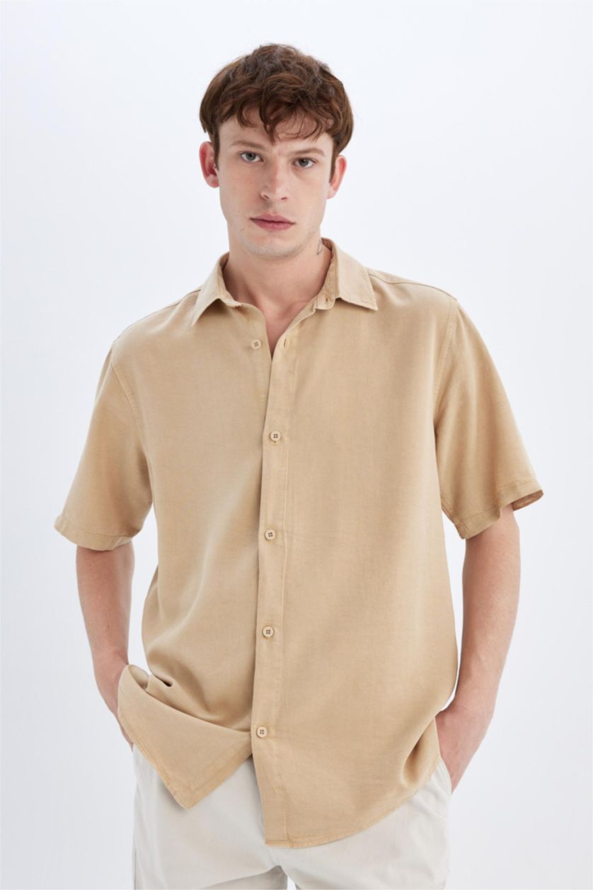 MAN Beige Regular Fit Tencel Short Sleeve Shirt