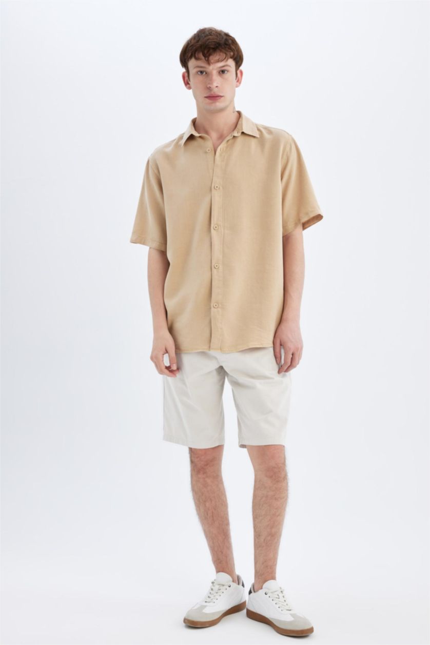 MAN Beige Regular Fit Tencel Short Sleeve Shirt