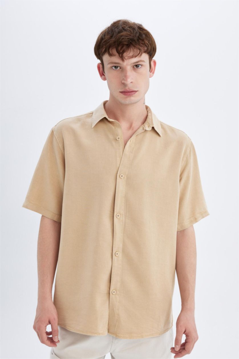 MAN Beige Regular Fit Tencel Short Sleeve Shirt