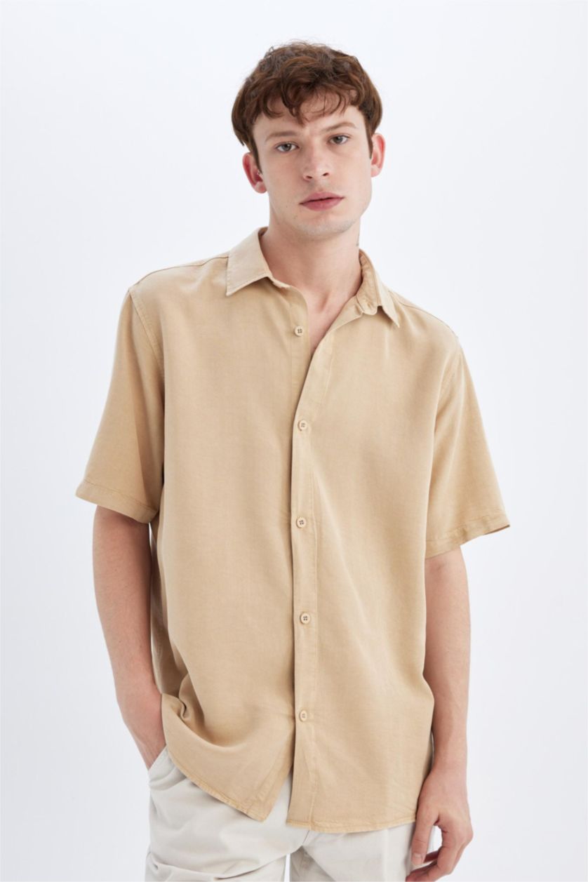 MAN Beige Regular Fit Tencel Short Sleeve Shirt