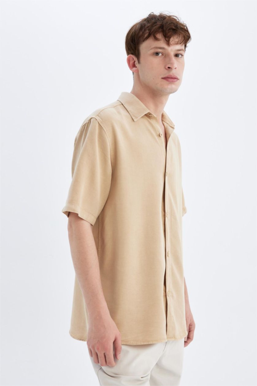 MAN Beige Regular Fit Tencel Short Sleeve Shirt
