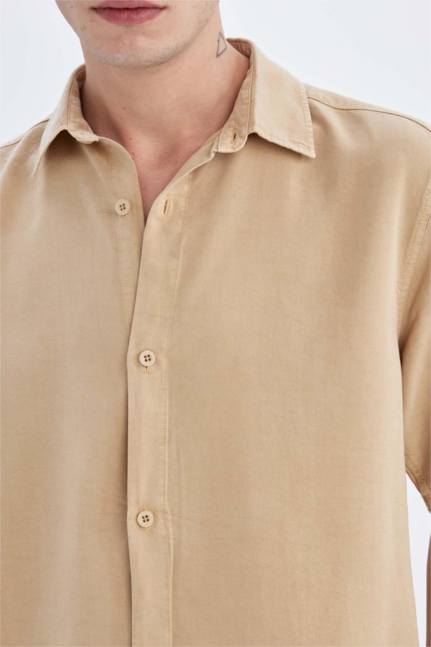 MAN Beige Regular Fit Tencel Short Sleeve Shirt