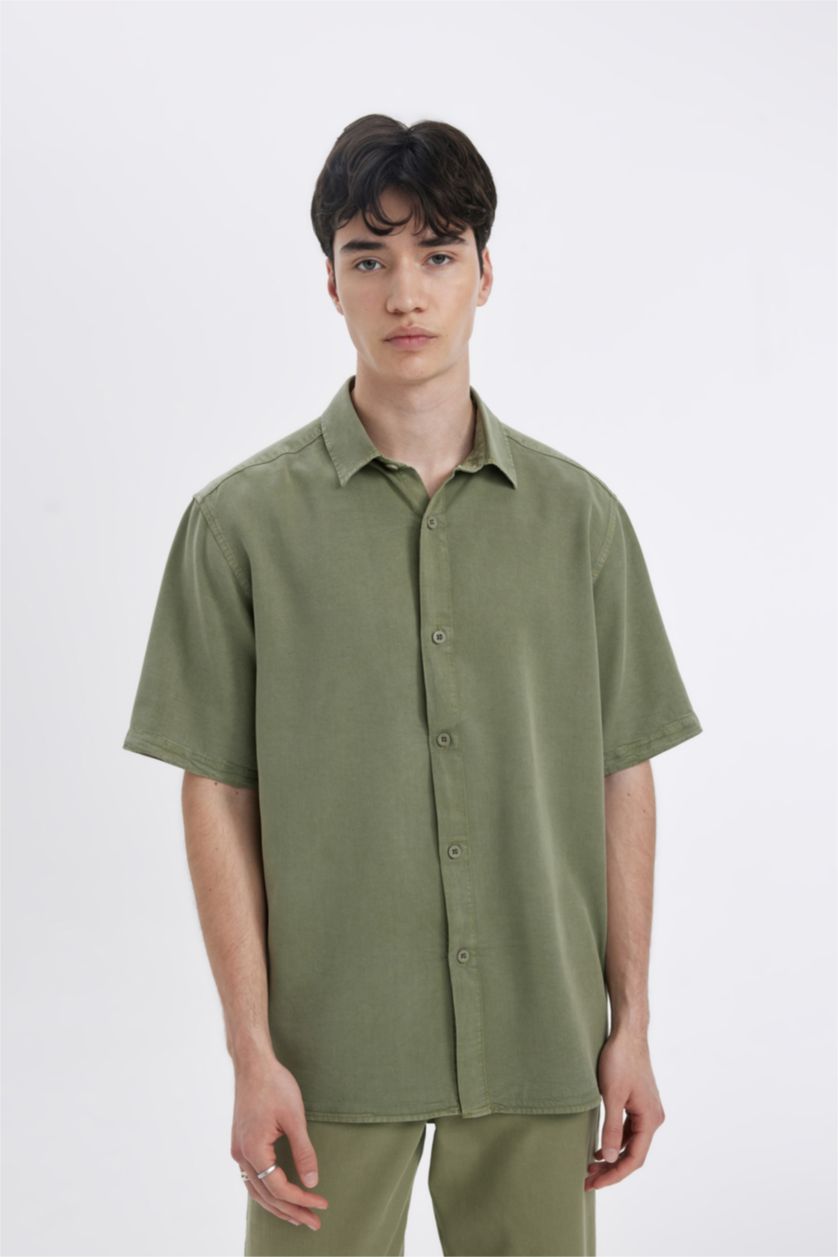 رجال كاكي قميص نص ردن قصة عادية قماش ايسول