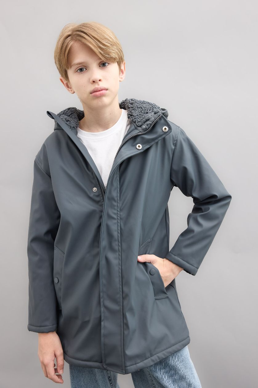 BOYS & TEENS Anthracite Boy Waterproof Hooded Plush Lining Raincoat