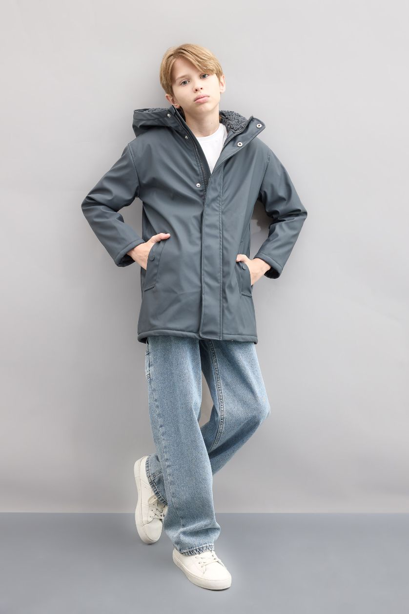 BOYS & TEENS Anthracite Boy Waterproof Hooded Plush Lining Raincoat