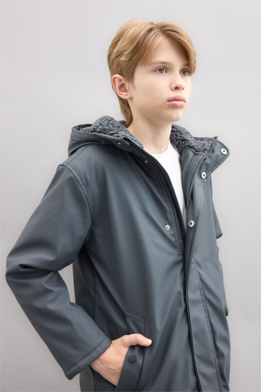BOYS & TEENS Anthracite Boy Waterproof Hooded Plush Lining Raincoat