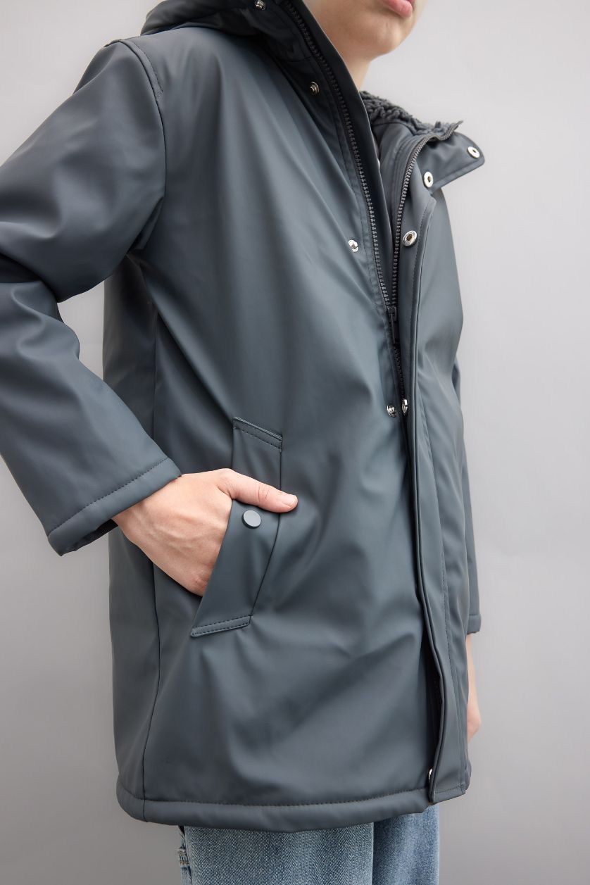 BOYS & TEENS Anthracite Boy Waterproof Hooded Plush Lining Raincoat