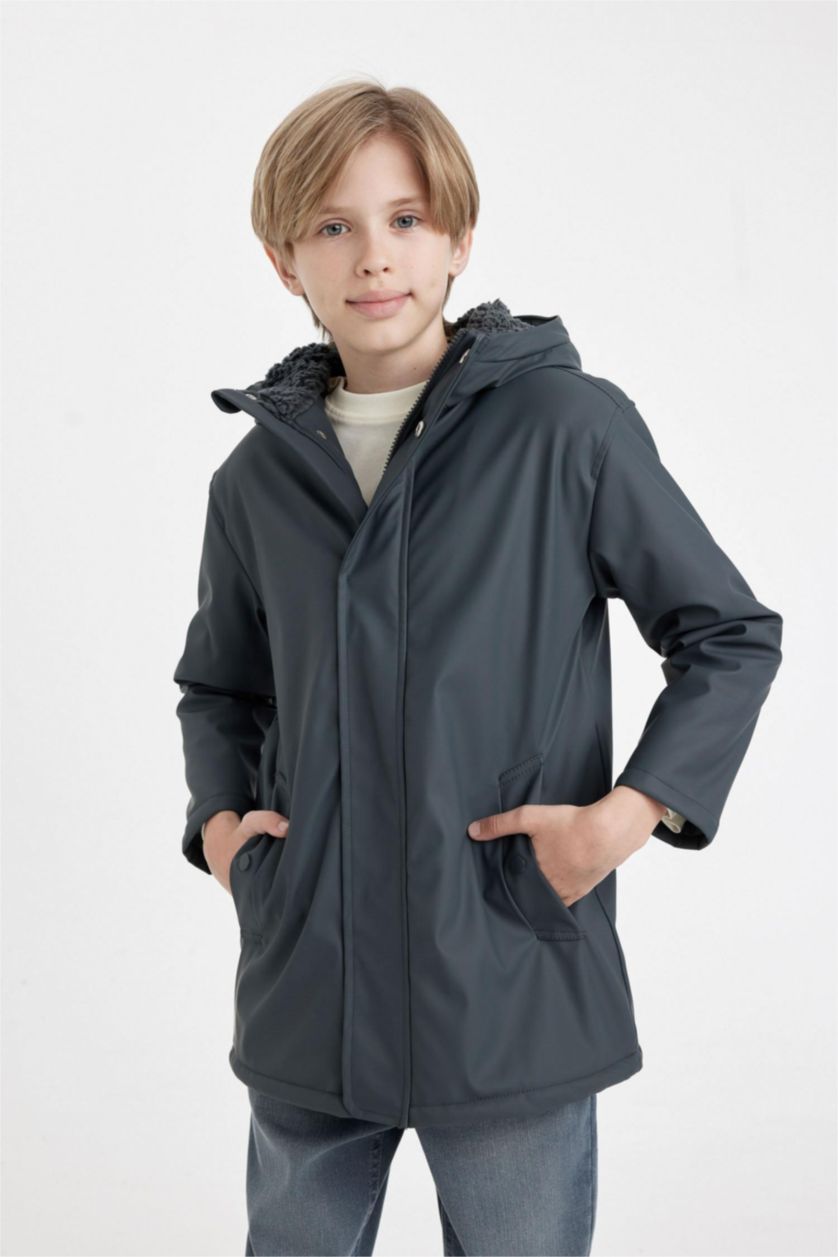 BOYS & TEENS Anthracite Boy Waterproof Hooded Plush Lining Raincoat