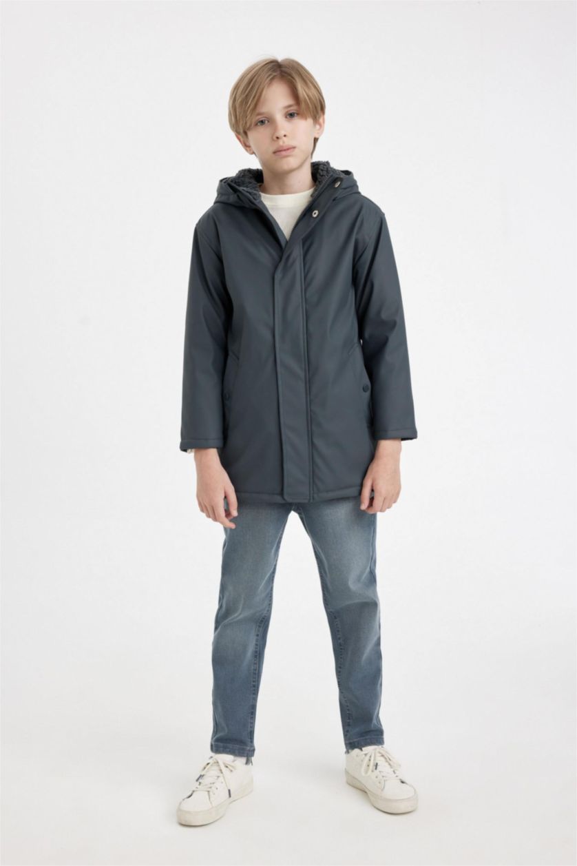 BOYS & TEENS Anthracite Boy Waterproof Hooded Plush Lining Raincoat