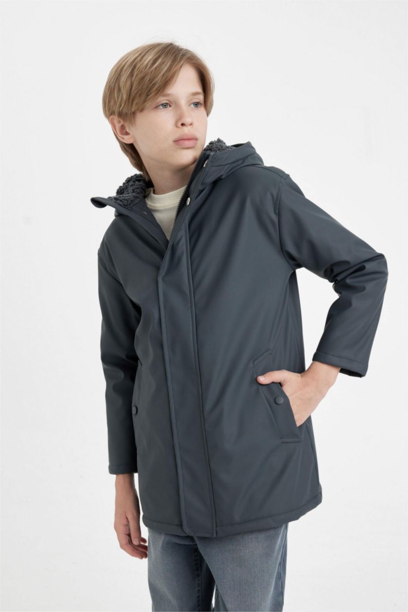 BOYS & TEENS Anthracite Boy Waterproof Hooded Plush Lining Raincoat