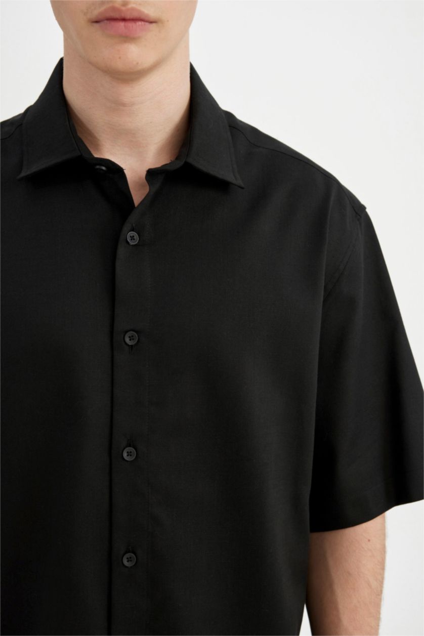 رجال أسود قميص نص ردن قماش ايوسل قصة مريحة