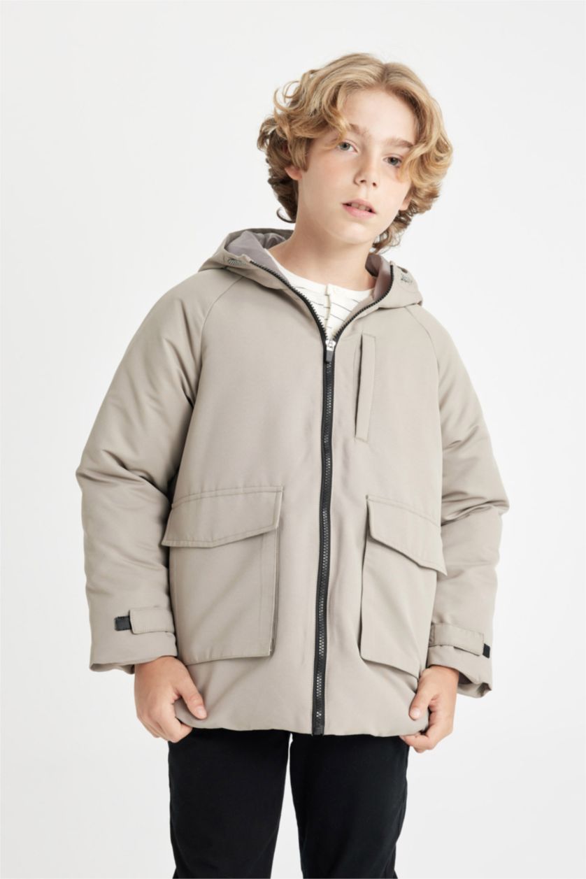 Erkek Çocuk - Genç Erkek Gri Su İtici Kapüşonlu Rüzgar Geçirmez Yağmurluk Erkek Çocuk