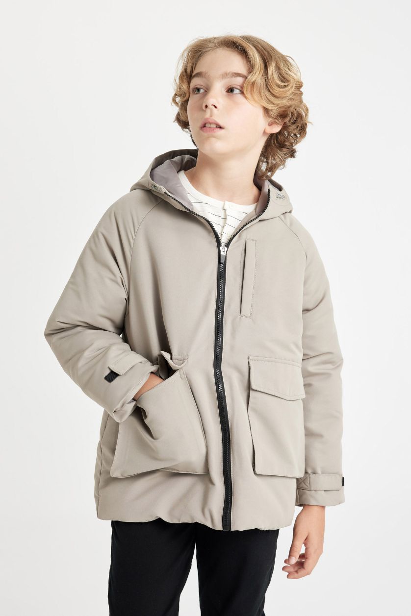 Erkek Çocuk - Genç Erkek Gri Su İtici Kapüşonlu Rüzgar Geçirmez Yağmurluk Erkek Çocuk