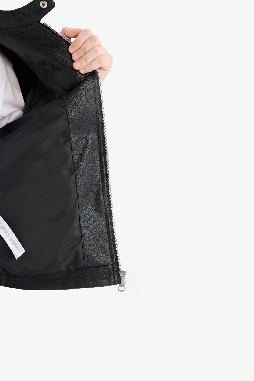 Erkek Çocuk - Genç Erkek Siyah Su Geçirmez Fermuarlı Suni Deri Ceket Mont Erkek Çocuk