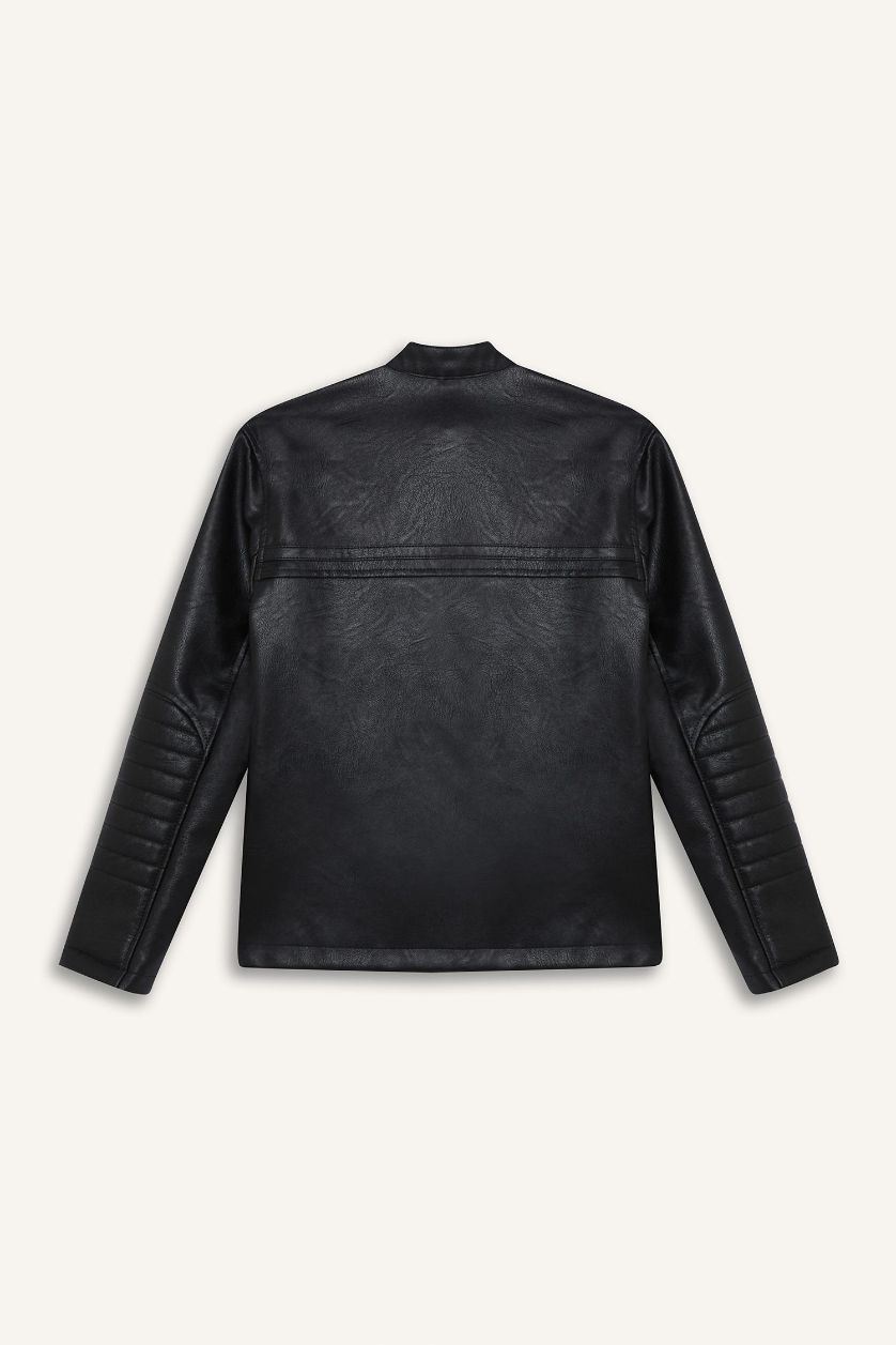 Erkek Çocuk - Genç Erkek Siyah Su Geçirmez Fermuarlı Suni Deri Ceket Mont Erkek Çocuk