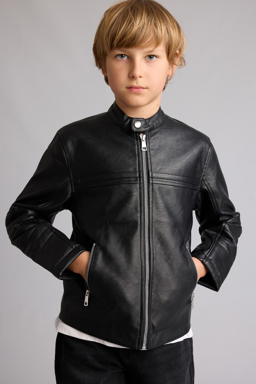 BOYS & TEENS Black Boy High Neck Leather Look Black Waterproof Jacket