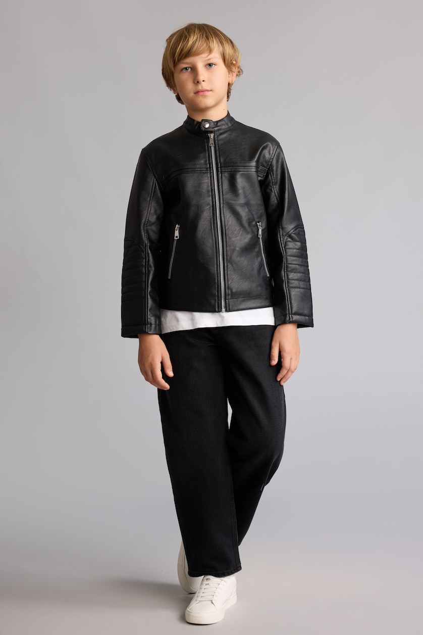 BOYS & TEENS Black Boy High Neck Leather Look Black Waterproof Jacket
