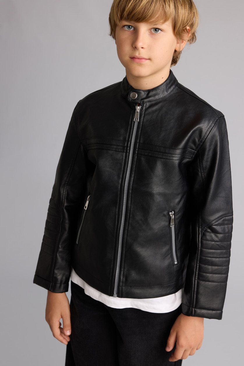 BOYS & TEENS Black Boy High Neck Leather Look Black Waterproof Jacket