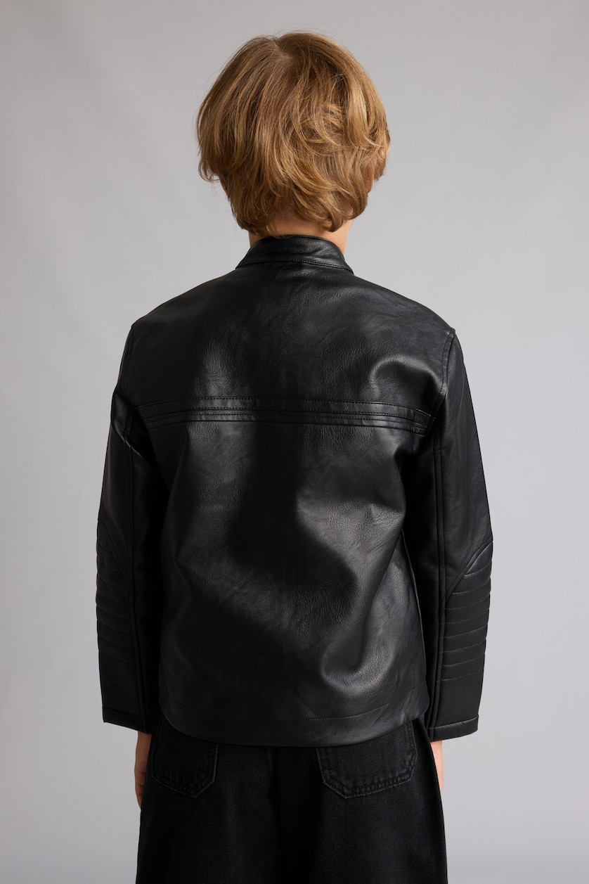 BOYS & TEENS Black Boy High Neck Leather Look Black Waterproof Jacket