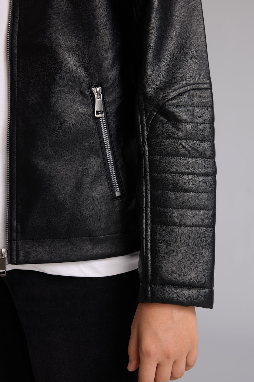 BOYS & TEENS Black Boy High Neck Leather Look Black Waterproof Jacket